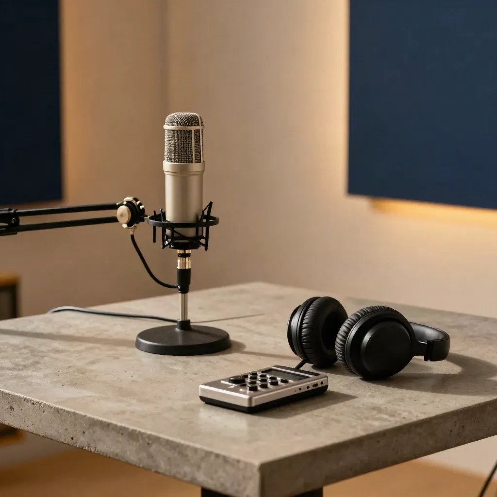 Angolo podcast con microfono sospeso, cuffie chiuse e registratore su tavolo di cemento.