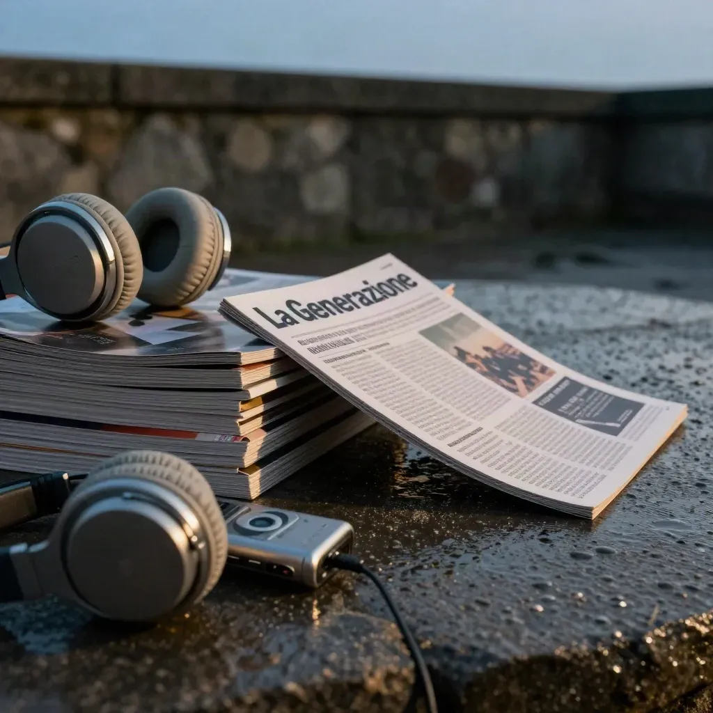 Magazines, registratore e cuffie su pietra bagnata dopo la pioggia, in luce crepuscolare.