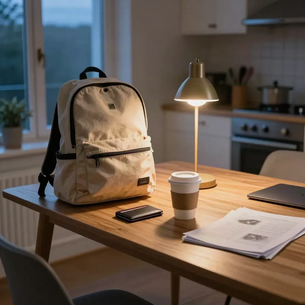 Tavolo di cucina condivisa con zaino, portafoglio per treni, caffè e laptop al tramonto