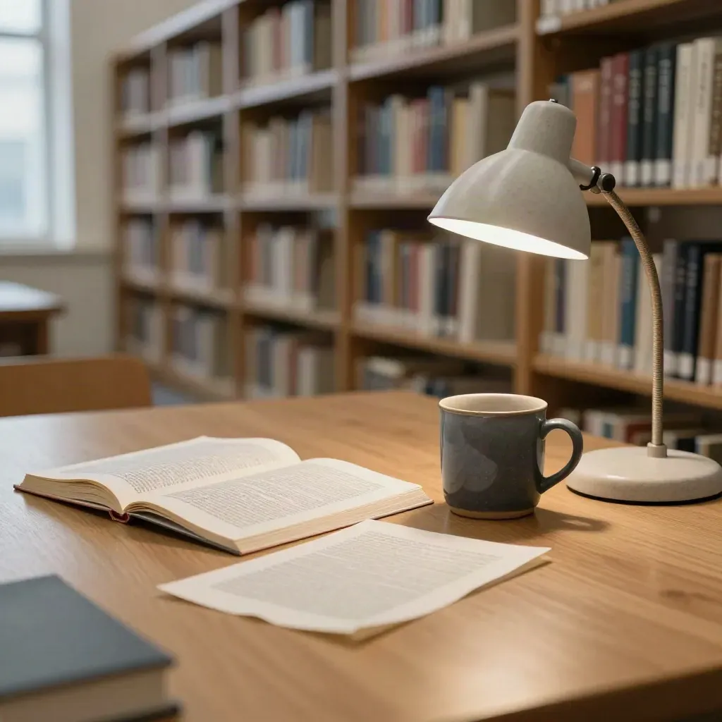 Tavolo di biblioteca con bozze capovolte, tazza in ceramica e scaffali sfocati.