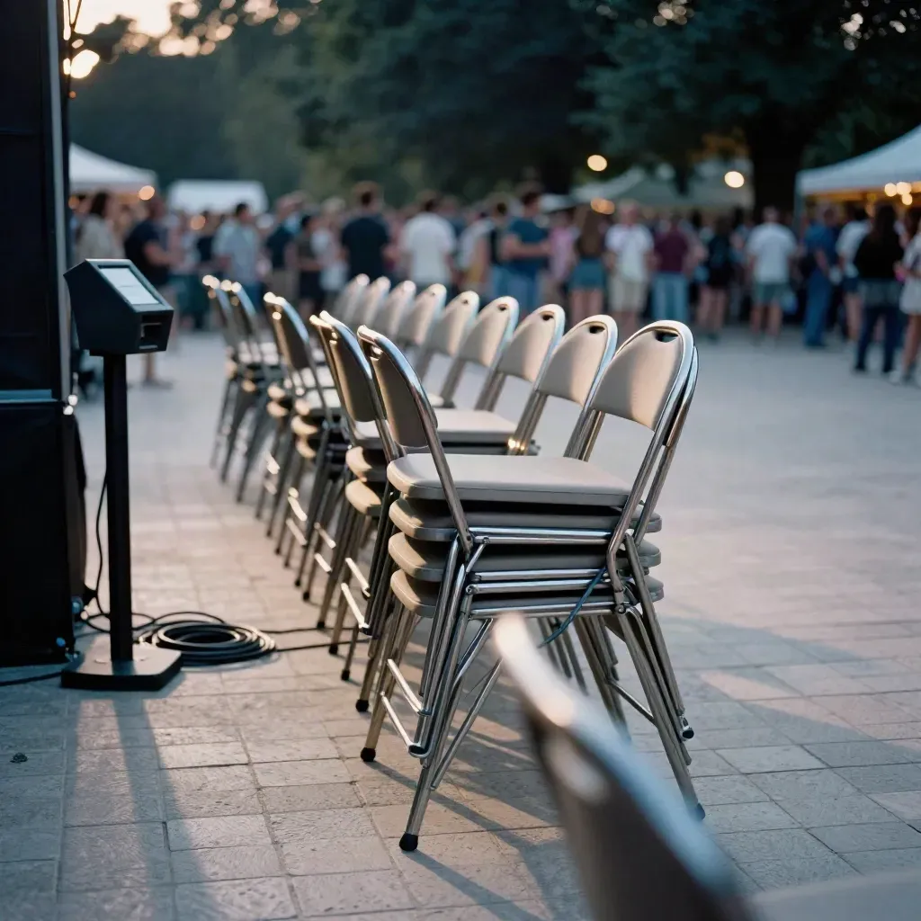 Sedie pieghevoli e cavo di palco in un cortile festival al tramonto, vista bassa e dinamica.