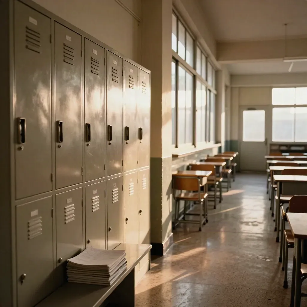 Corridoio scolastico vuoto con armadietti, aula aperta e luce calda del pomeriggio.