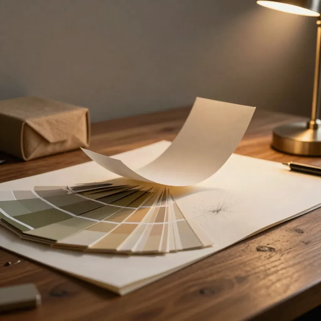 Primo piano di un tavolo creativo con swatch, carta curva e portfolio chiuso alla luce calda