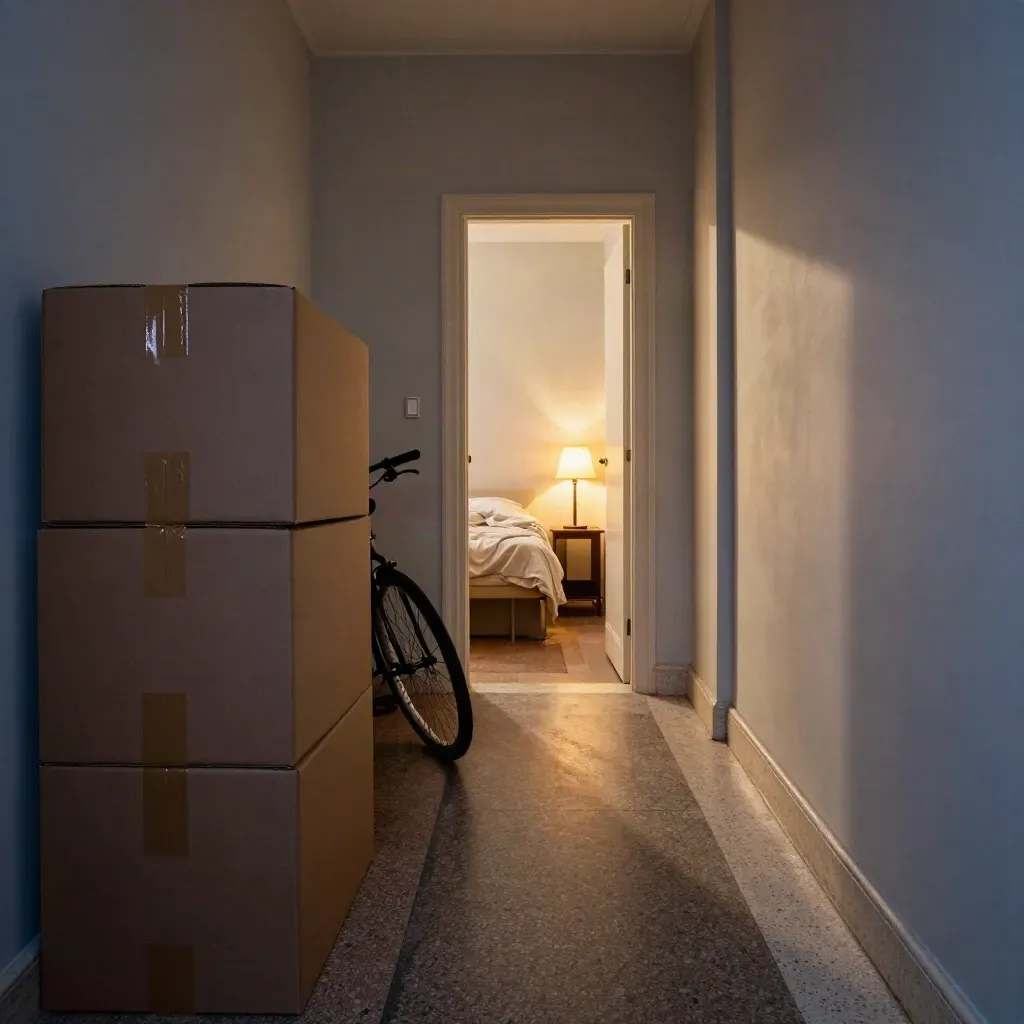 Corridoio di appartamento con scatoloni, ruota di bici e porta aperta verso una piccola stanza