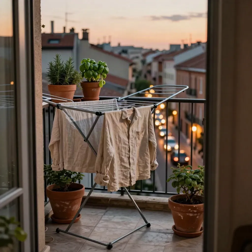 Balcone stretto con biancheria al vento, vasi di terracotta e tetti di città al tramonto.