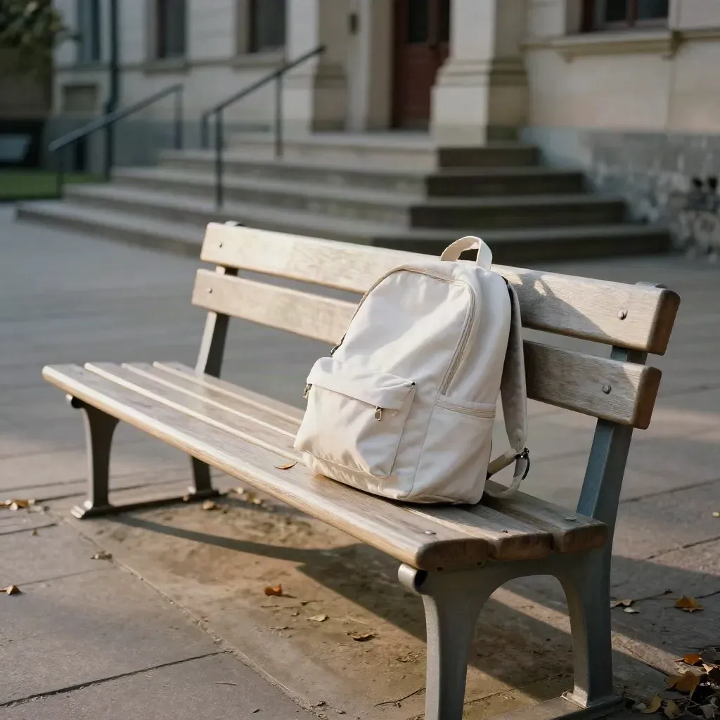 Panchina nel cortile del campus con zaino bianco e scale dell’aula sullo sfondo.