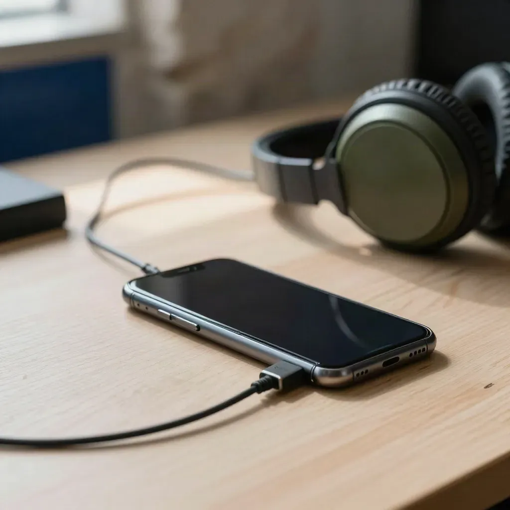 Smartphone, microfono e cuffie su un tavolo da montaggio, cavo sospeso in movimento.