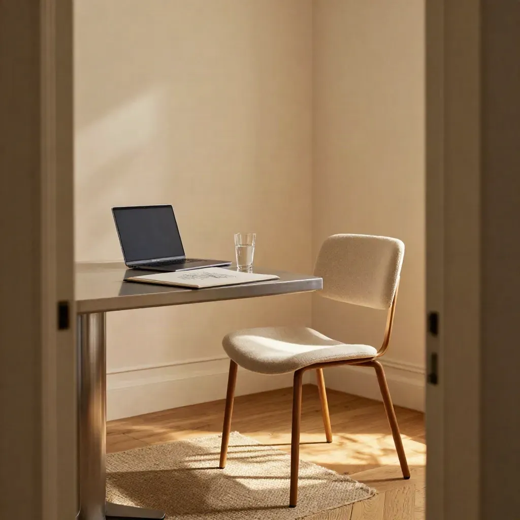 Angolo coworking con laptop chiuso, sketchpad, bicchiere d’acqua e sedia scostata dalla scrivania.