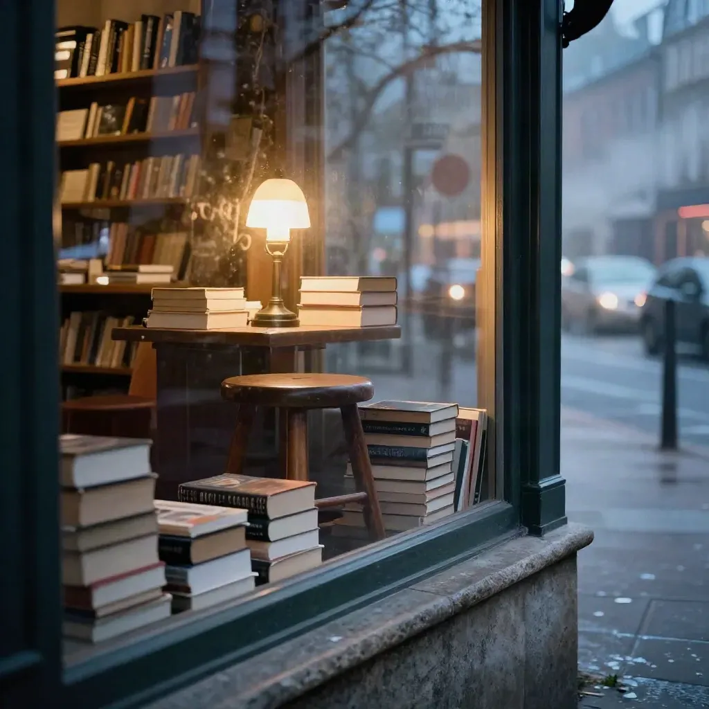 Vetrina di libreria al crepuscolo con sgabello, libri e lampada accesa dietro il vetro.