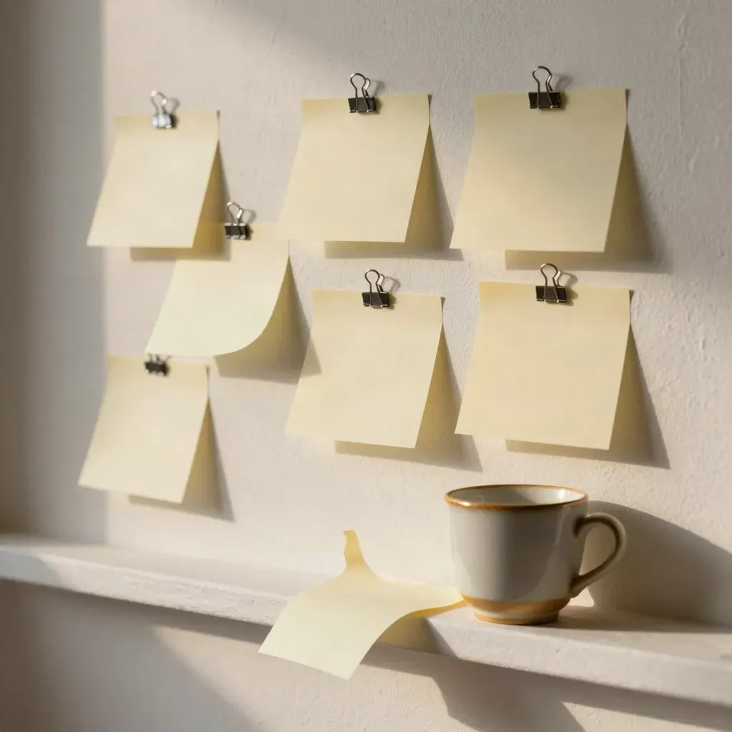 Post-it bianchi e prove graffate su muro di gesso, una nota si stacca nell’aria.