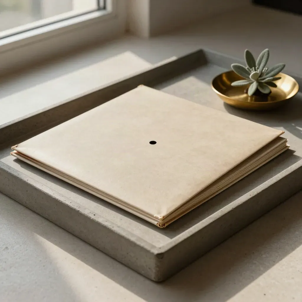 Vinile, paperback e piantina su vassoio in ottone con luce morbida