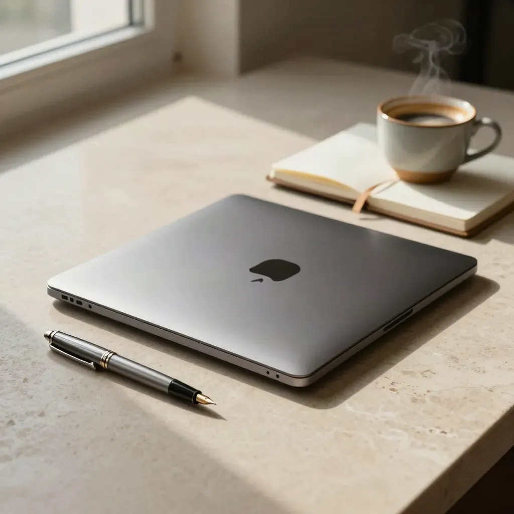 Laptop chiuso, taccuino aperto, penna e tazza di caffè su pietra, luce fredda da finestra.